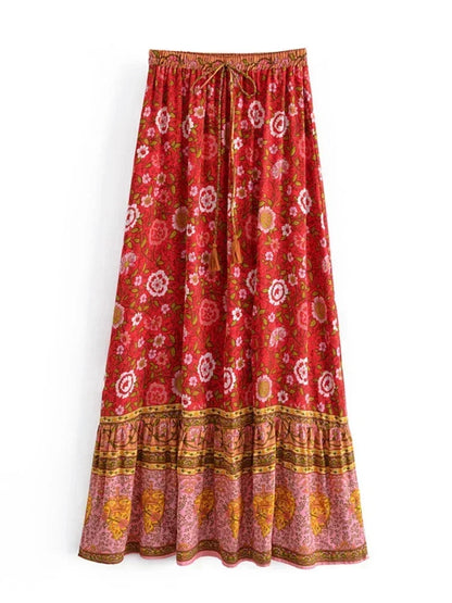 Vintage Chic Hippie Women Floral Print  Lace-up Tassel Beach Bohemian Skirt Lady Elastic Waist A-Line Vacation Boho Maxi Skirts