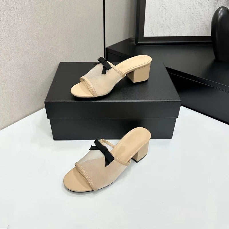 High Quality 2026 Summer Women Slippers New Mesh Upper Bow Decoration Concise Breathable Open-toed Women High-Heeled Slippers
