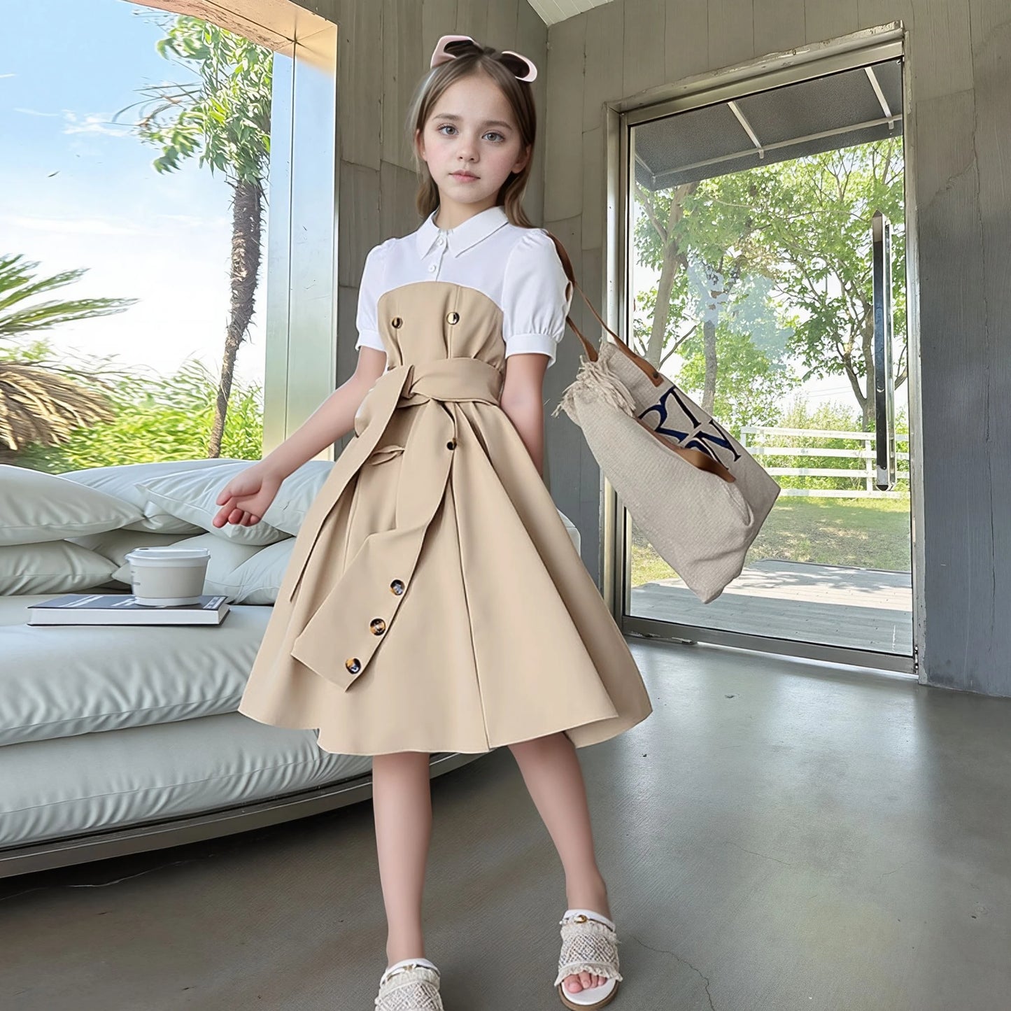 New Khaki Girl Dress Summer Casual Vacation Children Dresses Fashion Elegant Retro British Girls Party Dress 7 8 9 10 11 12 Yrs