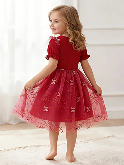 Girls' Red Butterfly Embroidery Tulle Princess Dress, Summer Puff Sleeve Dress