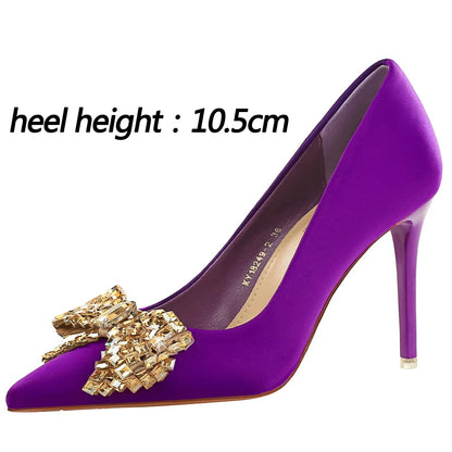 Women 7.5 cm 10.5 cm Heels Rhinestone Bow Women Pumps Silks Satins High Heels Stiletto Luxury Banquet Shoes Large Size 42 43