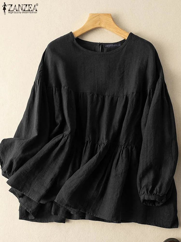 ZANZEA Summer Woman Breathable Cotton Blouses Long Sleeves O-Neck Tiered Tops Solid Color Casual Loose Blusas de Mujer 2026