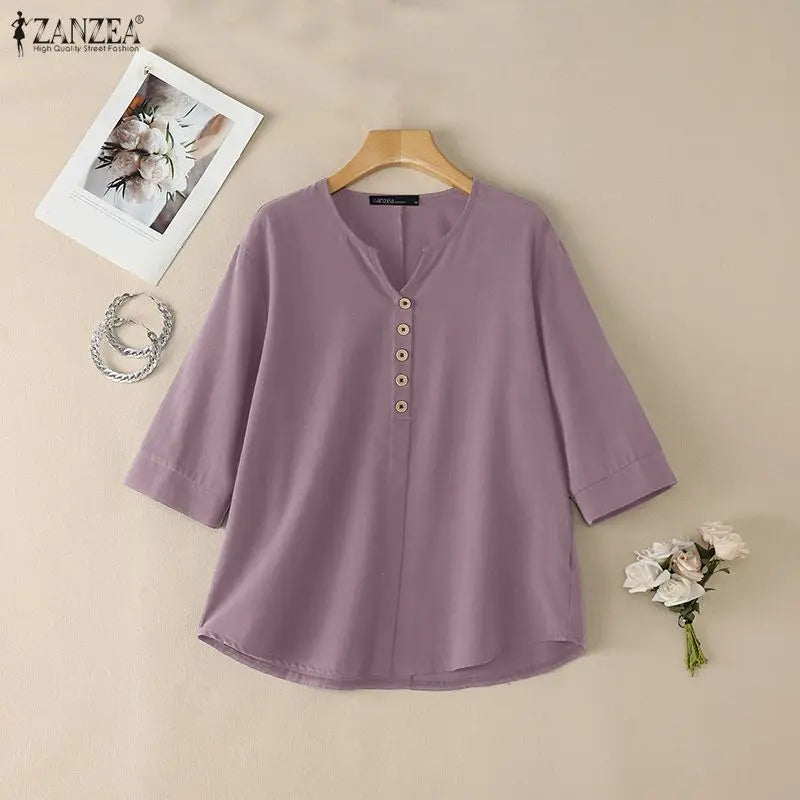 ZANZEA Woman Cotton Linen 3/4 Sleeve Blouses V-Neck Half-Button Solid Color Tops Spring Summer Daily Casual Wear Blusas de Mujer