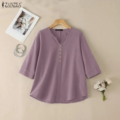 ZANZEA Woman Cotton Linen 3/4 Sleeve Blouses V-Neck Half-Button Solid Color Tops Spring Summer Daily Casual Wear Blusas de Mujer