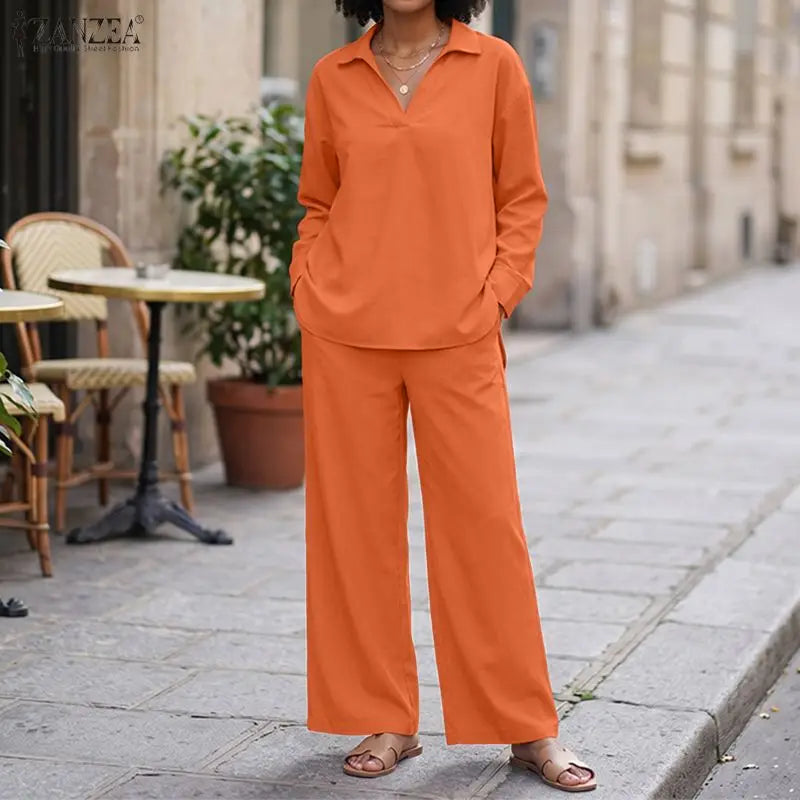 ZANZEA Autumn Outfits Two Piece Sets Women Casual V Neck Long Sleeve Tops With Wide Leg Pants Suits Elegant Solid OL Tracksuit
