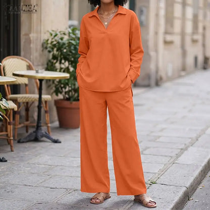 ZANZEA Autumn Outfits Two Piece Sets Women Casual V Neck Long Sleeve Tops With Wide Leg Pants Suits Elegant Solid OL Tracksuit
