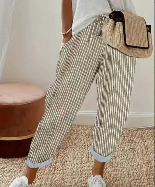 European and American Cross border Women's Summer New Fashionable Loose Stripe Printed Elastic Waist Drawstring Casual Pants