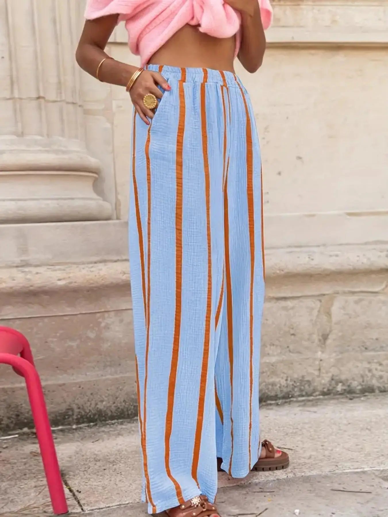 Women's Vertical Stripe Wide-leg Pants, Elastic Waist Pleated Casual Trousers, Resort Style Loose Slimming Floor-length
