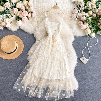 Women Dress 2026 New Summer Fashion Fairy Mesh Party Dress Korean Pop Floral Print Vacation Beach Dress Streetwear Sundress