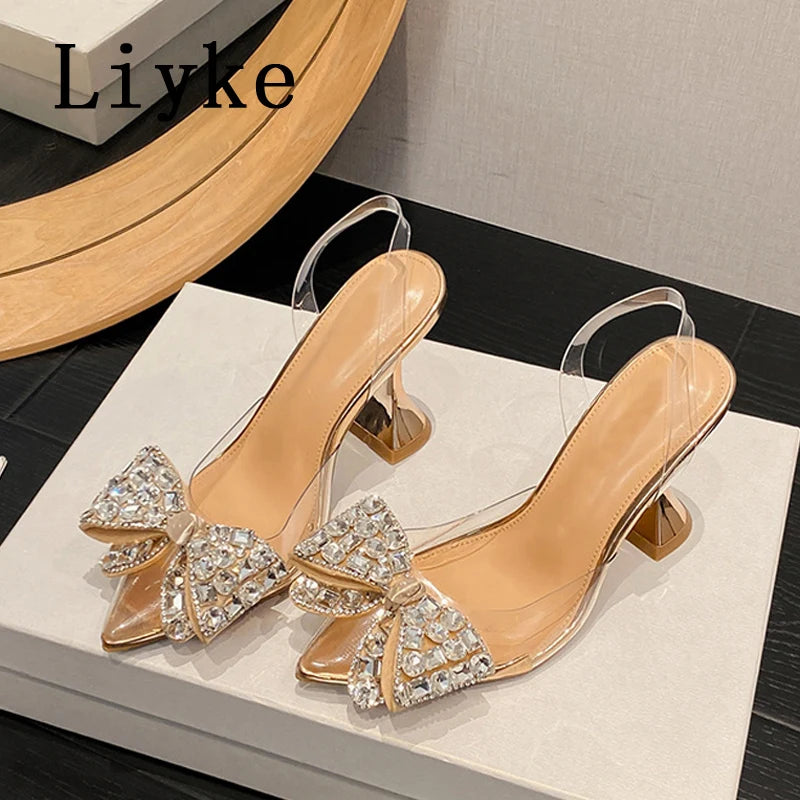 Liyke 2026 New Silver Crystal Bowknot Women Pumps High Heels Transparent Sandals Sexy Pointed Toe Wedding Banquet Shoes Size 41