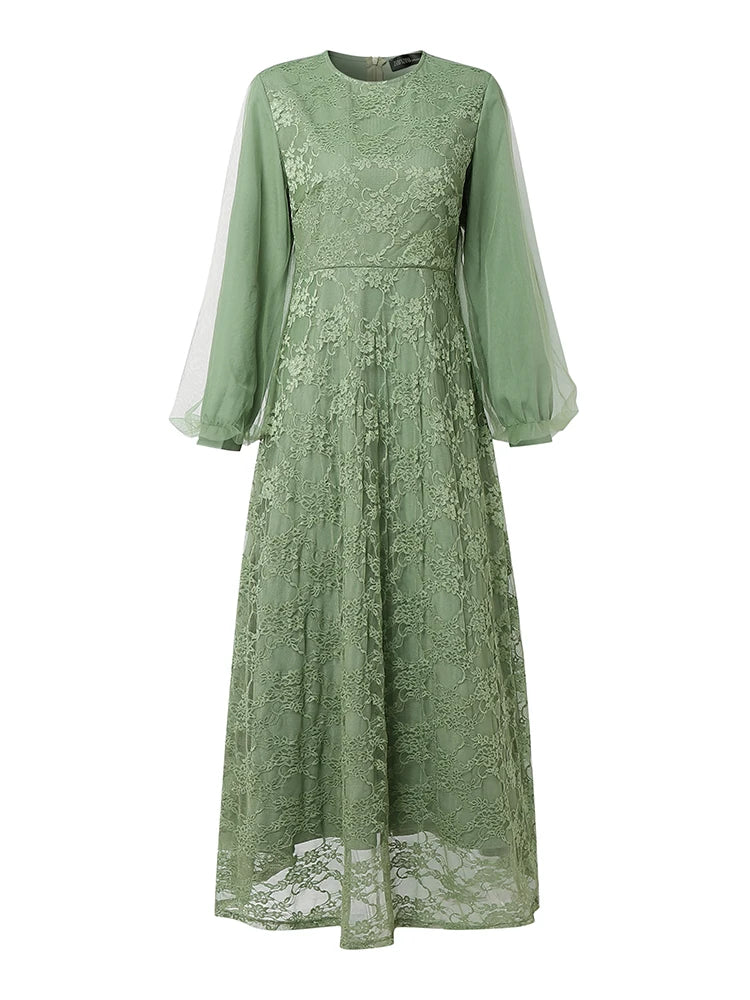 Fashion Muslim Abaya ZANZEA 2026 Spring Lace Patchwork Dresses Women Elegant Party Dress Long Sleeve Mesh Sundress Ramadan Robe