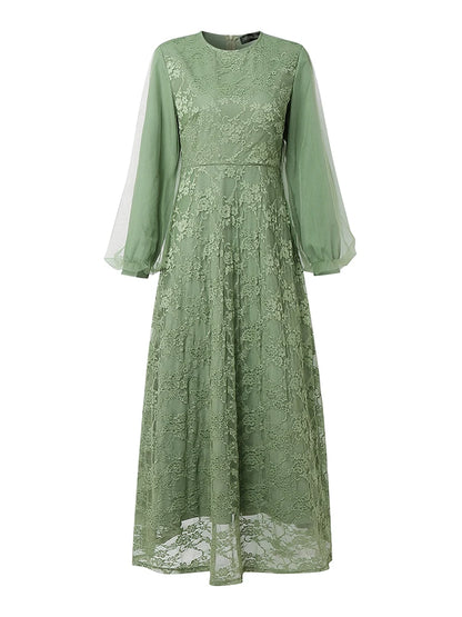 Fashion Muslim Abaya ZANZEA 2026 Spring Lace Patchwork Dresses Women Elegant Party Dress Long Sleeve Mesh Sundress Ramadan Robe