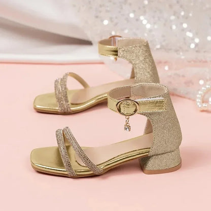 Children Summer Sequins High Heels Sandals Non-slip 2026 New Gold Princess Causal Girls Open-toe Sandals Fashion Kids Sandals