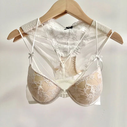 Minimal Romantic Coquette Lace Front Clasp Bra Set Wirefree Ultra Thin Straps Beauty Back Small Bust Create Curvy Lookr MOYISU