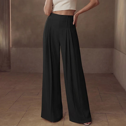 ZANZEA Women Pants Pleated Casual Wide Leg Long Trousers 2026 Summer Office Lady Wide Leg Capris Solid Color Elegant Bottoms