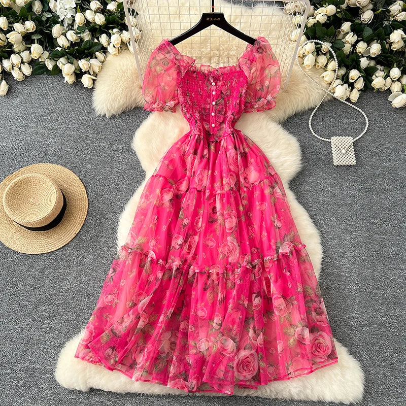 Summer Vintage French Mesh Dress for Women New Waist Cinched Slash Neck Bubble Sleeves Sweet Floral Chiffon Dress Female C146