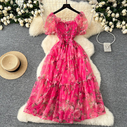 Summer Vintage French Mesh Dress for Women New Waist Cinched Slash Neck Bubble Sleeves Sweet Floral Chiffon Dress Female C146