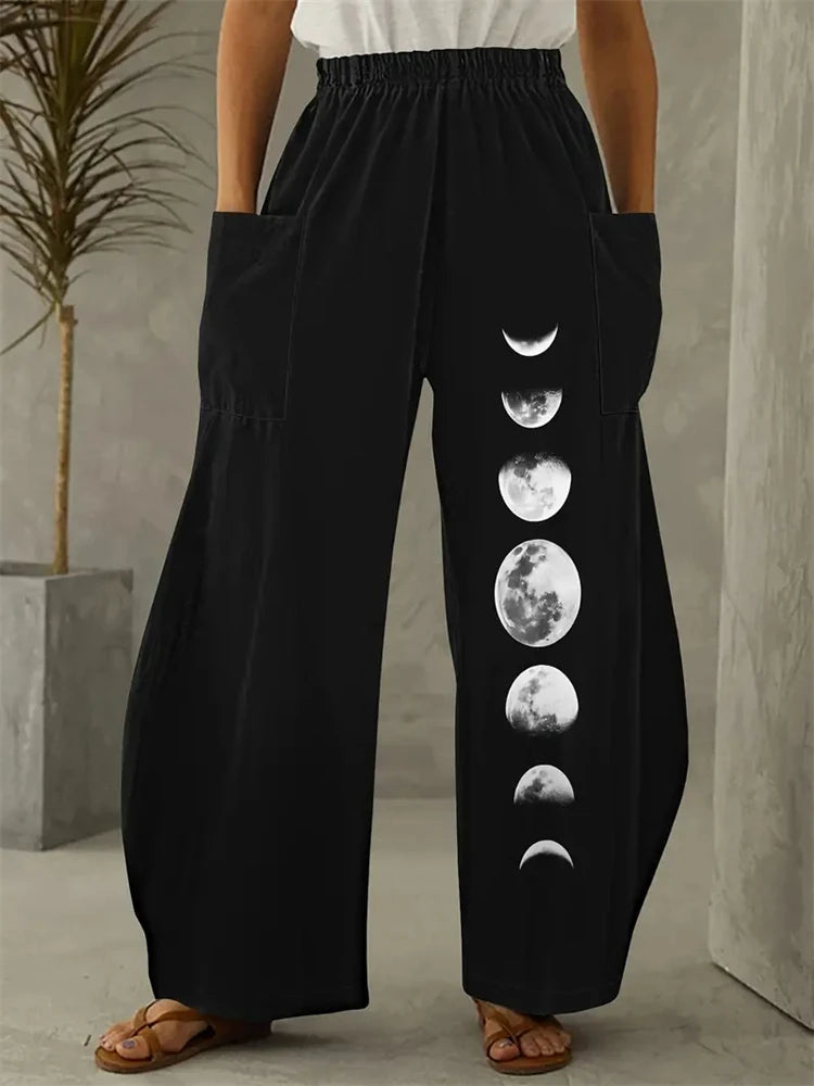 Women's Fashion New Wide-legged Pants Elegant 3d Sun, Moon And Star Printed Pants Women's Street Vintage Pants With Pockets