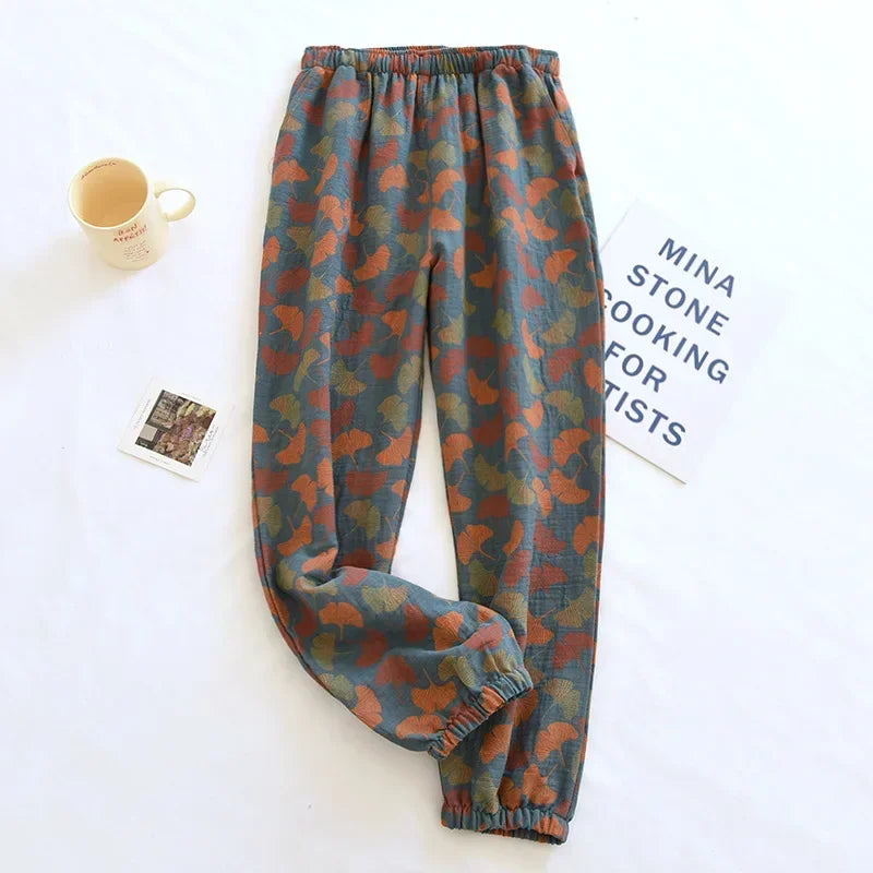 2026 New Spring Summer Women's Pajamas 100% Cotton Crepe Pants Women's Comfortable Loose Large Leaf Home Pants Thin Bottoms