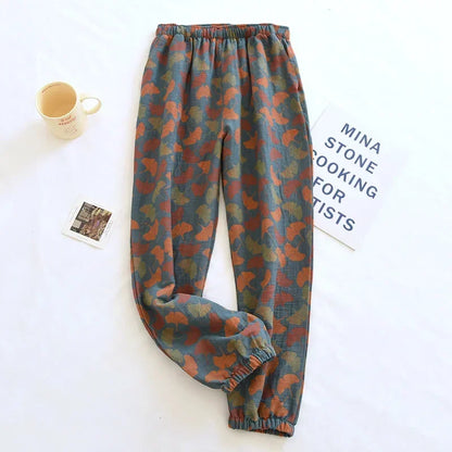 2026 New Spring Summer Women's Pajamas 100% Cotton Crepe Pants Women's Comfortable Loose Large Leaf Home Pants Thin Bottoms
