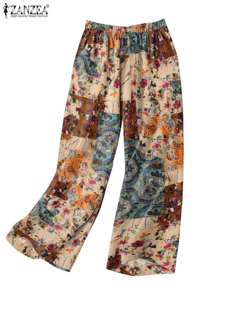 ZANZEA Woman Casual Wide Leg Pants Vintage Floral Paisley Printed Elastic Waist Trousers 2025 Spring Breathable Cotton Pantalon