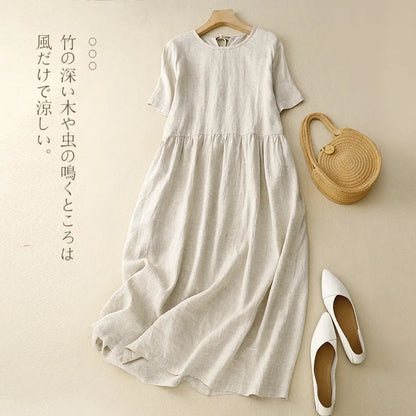 Original Women Cotton Linen Midi Dresses Summer Chic Female Vestidos Loose Soild A-Line Dress Short Puffy Sleeve Casual Sundress