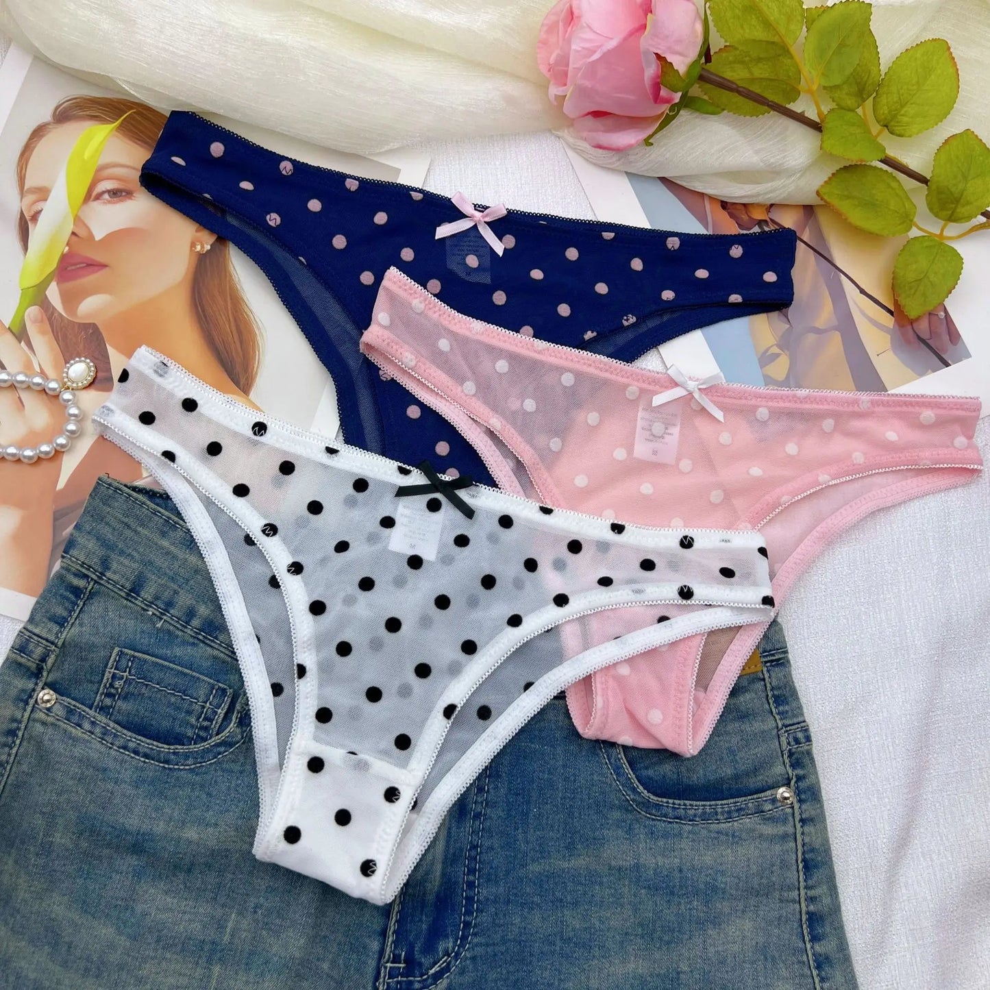 3pcs Lady's Underwear Sexy Bikini Panty Women's Polka Dot Mesh Briefs Low Rise Cut Cheeky Bow Decor Cute Underwear All-season