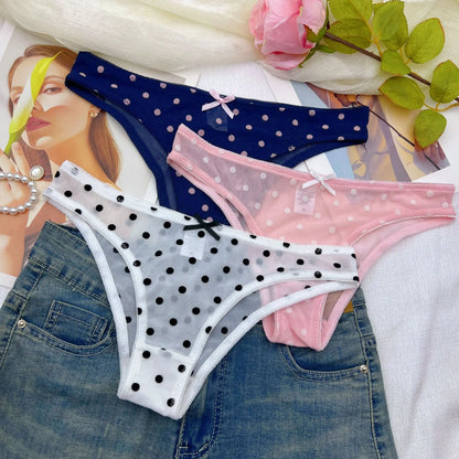 3pcs Lady's Underwear Sexy Bikini Panty Women's Polka Dot Mesh Briefs Low Rise Cut Cheeky Bow Decor Cute Underwear All-season