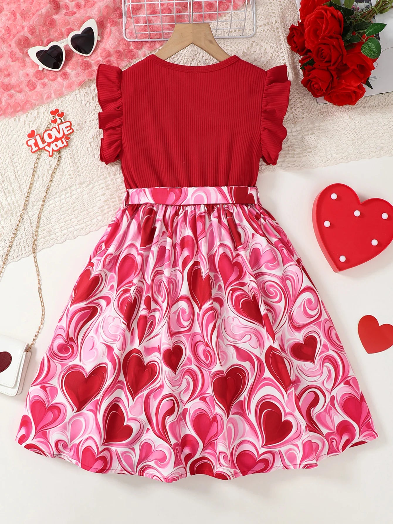 Girls Valentine's Day Dress Fashionable Comfortable Red round Neck Striped Mini Dress Heart Print Skirt for Kids