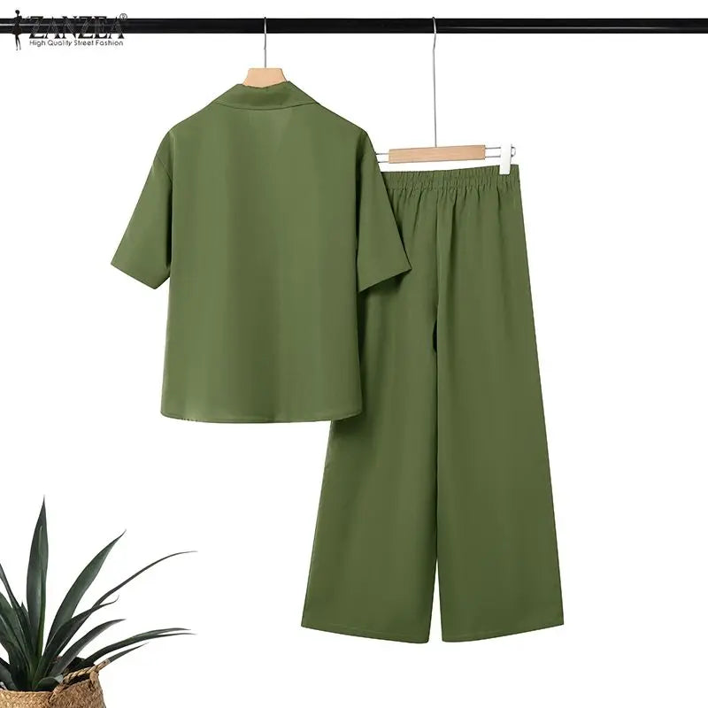 ZANZEA Women's Casual Pant Sets 2026 Summer Loose Half Sleeve Collared Blouses and Wide Leg Pants 2pcs Suits Woman Outfit S-3XL