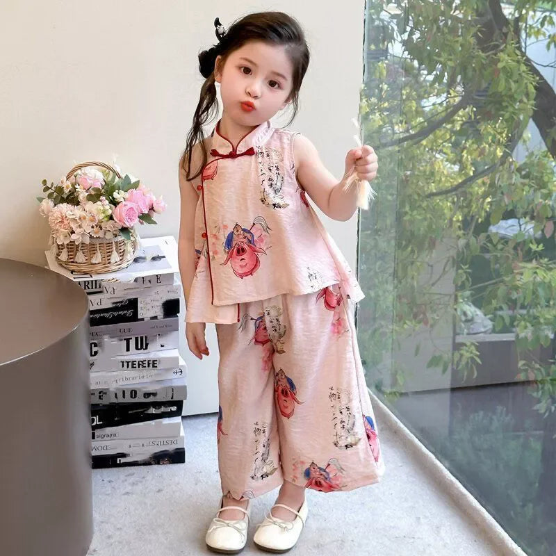 Fashion Chinese Tops Pants Girl Suit Casual Costume Kids Clothes Baby Outfit Summer Two-piece Set Girls Hanfu Children's Sets