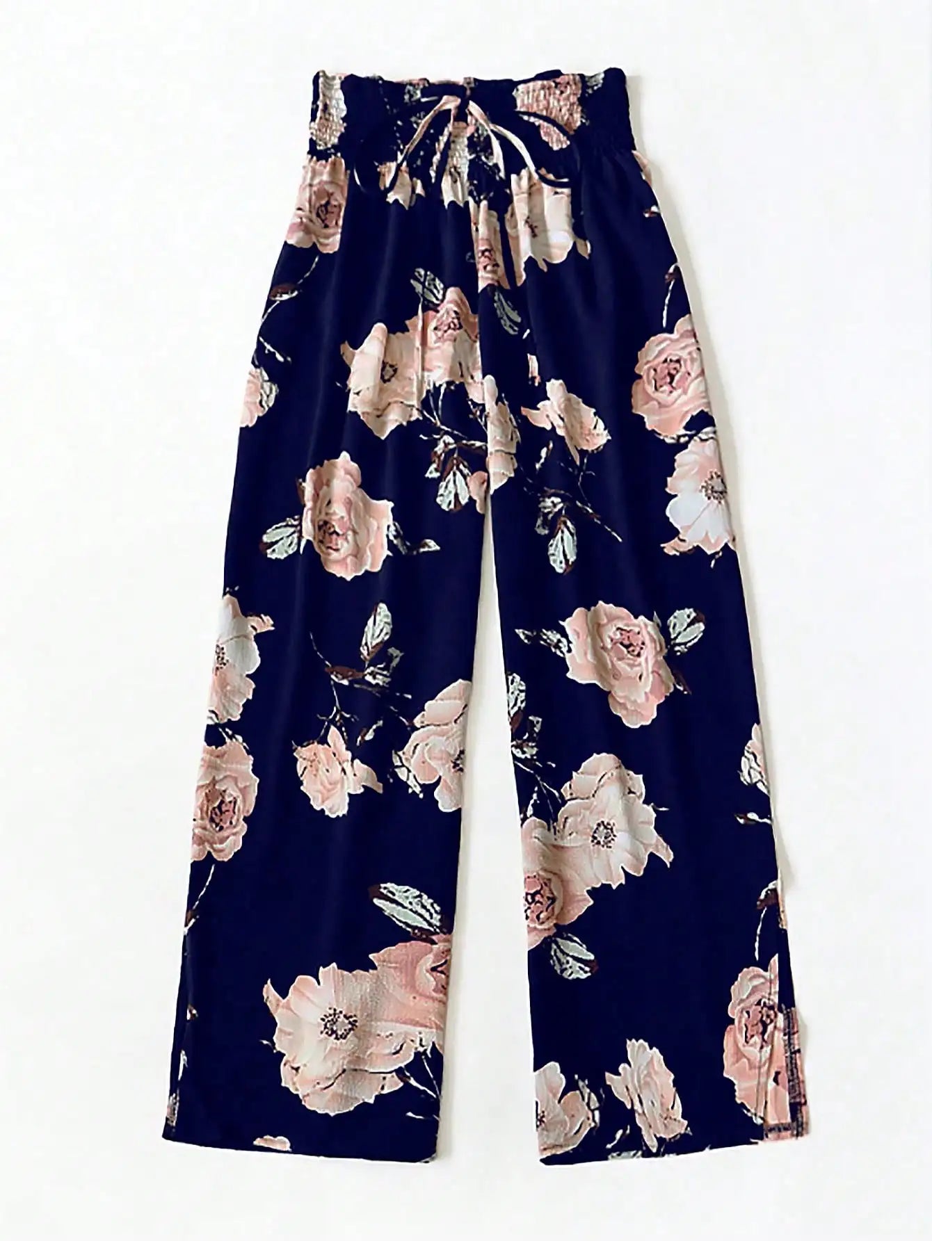 Women's Floral Print Wide Leg Pants, Casual Elastic Waist Drawstring Palazzo Trousers For Ladies