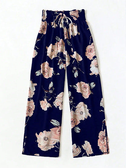 Women's Floral Print Wide Leg Pants, Casual Elastic Waist Drawstring Palazzo Trousers For Ladies