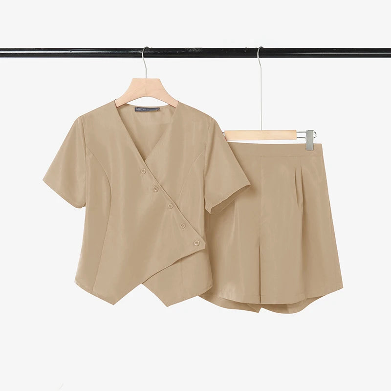 ZANZEA Women's Short Sets Asymmetric Placket Short Sleeve Tops & Elastic Waist Shorts 2 Piece Suits Summer Casual Chic Outfits