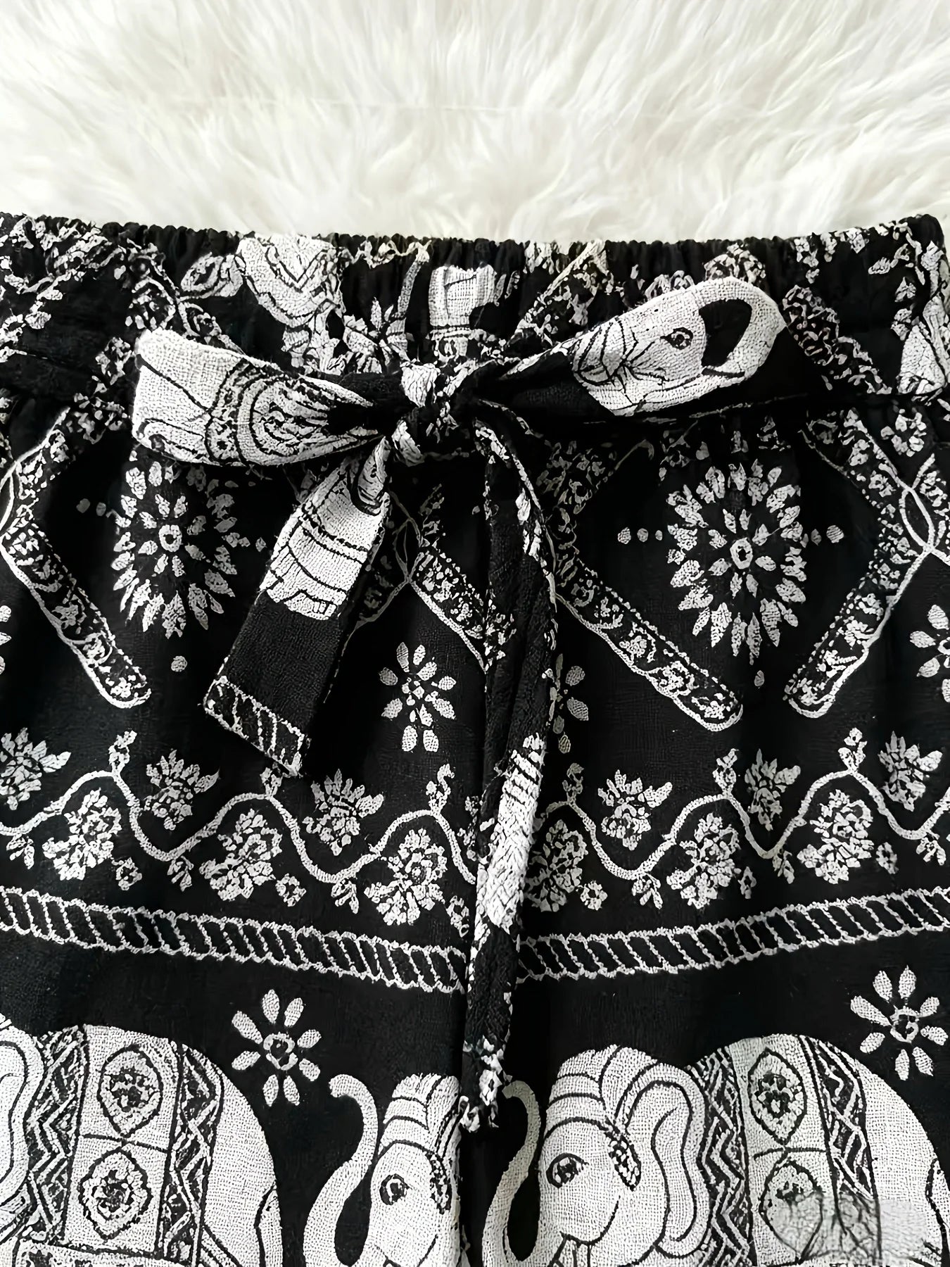Black & White Elephant Print Tie-Waist Wide Leg Pants, Ethnic Style, Vacation Casual Trousers