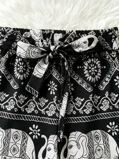 Black & White Elephant Print Tie-Waist Wide Leg Pants, Ethnic Style, Vacation Casual Trousers
