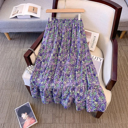 150Kg Plus Size Women's Hip 170 Summer Floral A-Line Skirt High Waisted Large Hem Elegant Skirt Purple 5XL 6XL 7XL 8XL 9XL