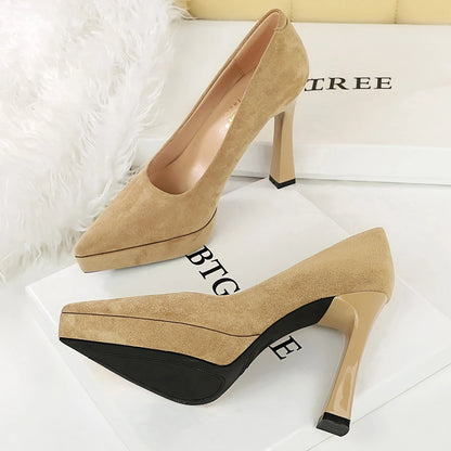 BIGTREE Shoes Platform Pumps Women Shoes Chunky Heel Pointed High Heels Suede Luxury Banquet Shoes Fashion Women Office Shoes