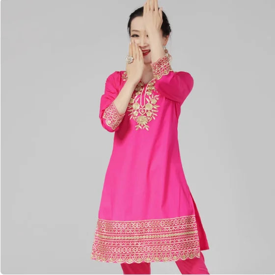 Indian Clothing Women's Pure Cotton Embroidered Side Concealed Long Sleeved Shirt Pakistan
