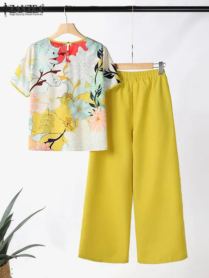 ZANZEA Elegant Casual Pant Sets Women Floral Print Short Sleeve Blouse Wide Leg Trouser Holiday 2pcs Outfits Summer 2-Piece Sets