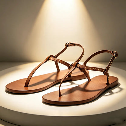 Concise Style Rivet Detail Flat Sandals Women Comfortable Ankle-Strap Buckle Clip Toe Sandals Summer Luxury Designer Beach Shoes