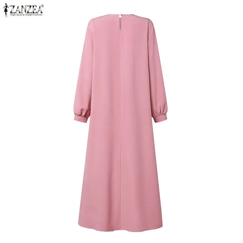 ZANZEA Muslim Women Patchwork Maxi Dress Ramadan Abaya Elegant O Neck Long Sleeve Pleated Sundress Robe Femme Casual Kaftan 2026