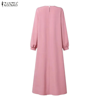 ZANZEA Muslim Women Patchwork Maxi Dress Ramadan Abaya Elegant O Neck Long Sleeve Pleated Sundress Robe Femme Casual Kaftan 2026