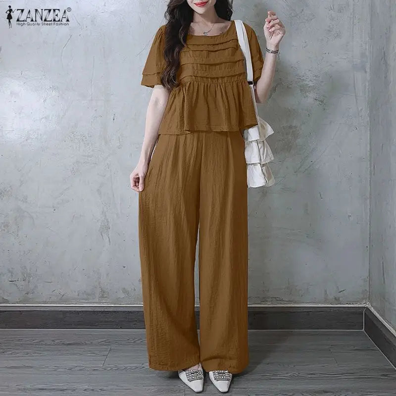 ZANZEA Summer Women Pant Sets Two Piece Sets Short Sleeve Pleated Tops Wide Leg Pants Casual Solid Loose Two-piece Outfits 2PCS