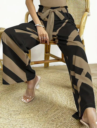 Geometric Pattern Print Wide Leg Pants Casual Loose Bow Front High Waist Pants For Every Day, Women's Clothing
