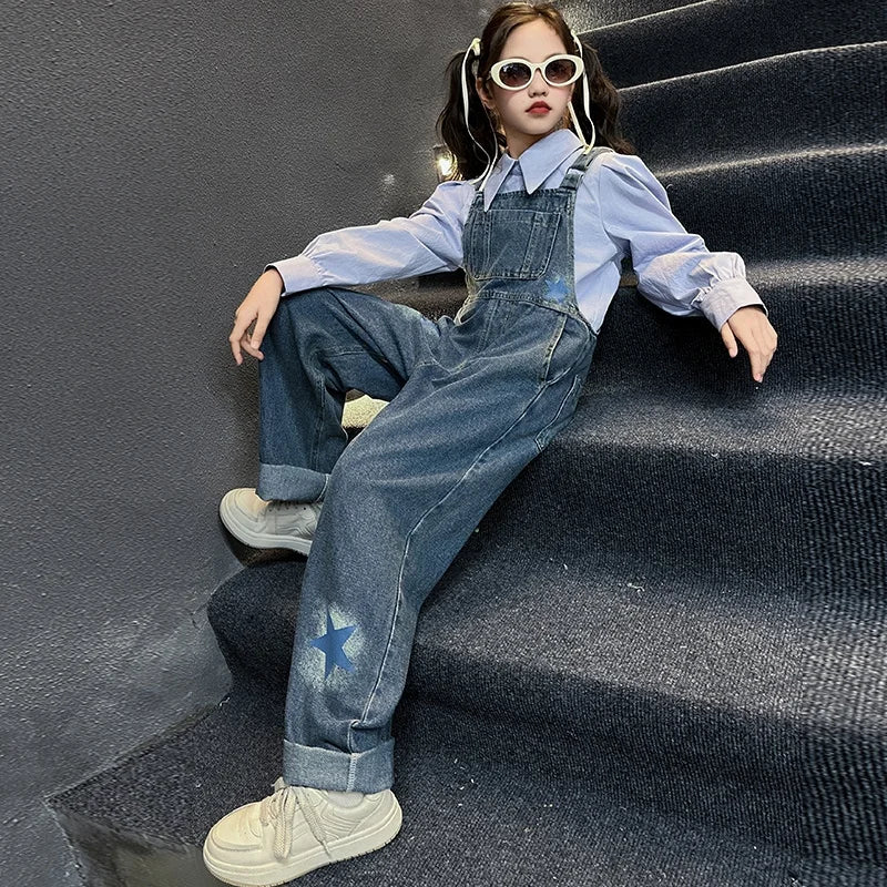 Fashion Children Jeans Overalls for Baby Girls Kids Blue Denim Jumpsuit Suspender Pants with Straps Age 5 6 7 8 9 10 11 12 13 14