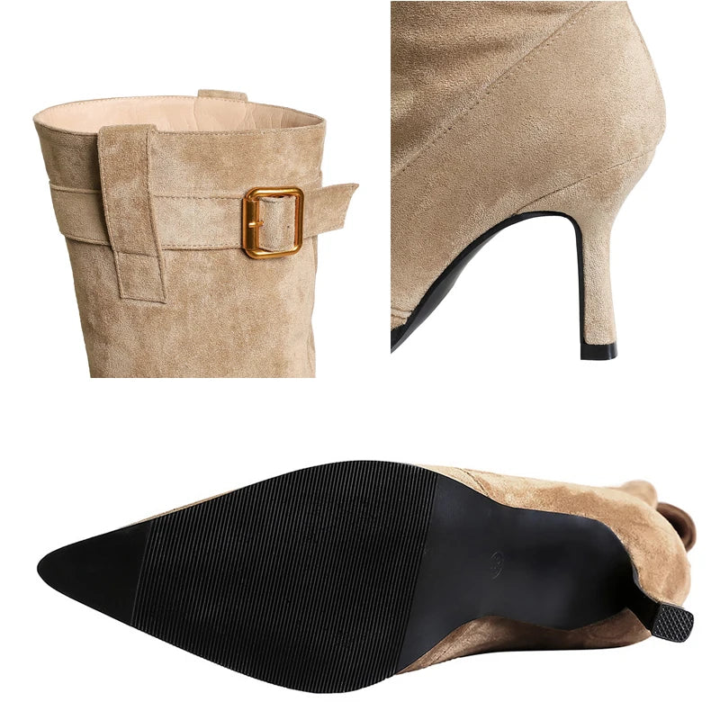 BIGTREE Shoes 2026 New Women Knee-high Boots Wrinkled High-heeled Long Boots Pointed Belt Buckle Autumn Winter Boots Stilettos