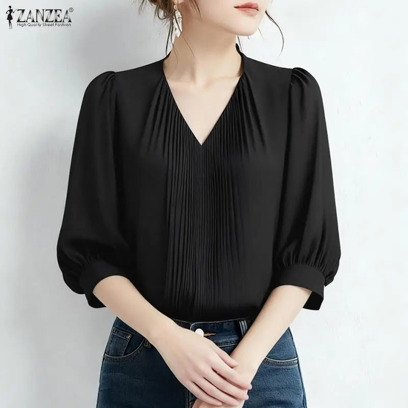 ZANZEA Elegant Plisse Detailing Blouses Women's Classy V-Neck 3/4 Puff Sleeve Solid Color Tops Summer Daily Wear Blusas de Mujer