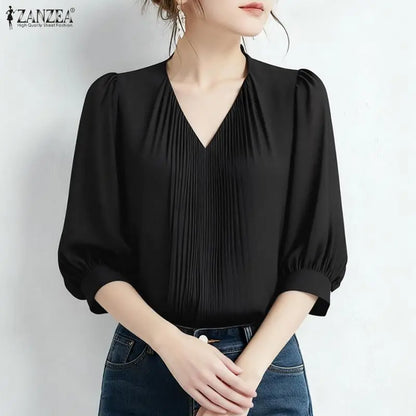 ZANZEA Elegant Plisse Detailing Blouses Women's Classy V-Neck 3/4 Puff Sleeve Solid Color Tops Summer Daily Wear Blusas de Mujer