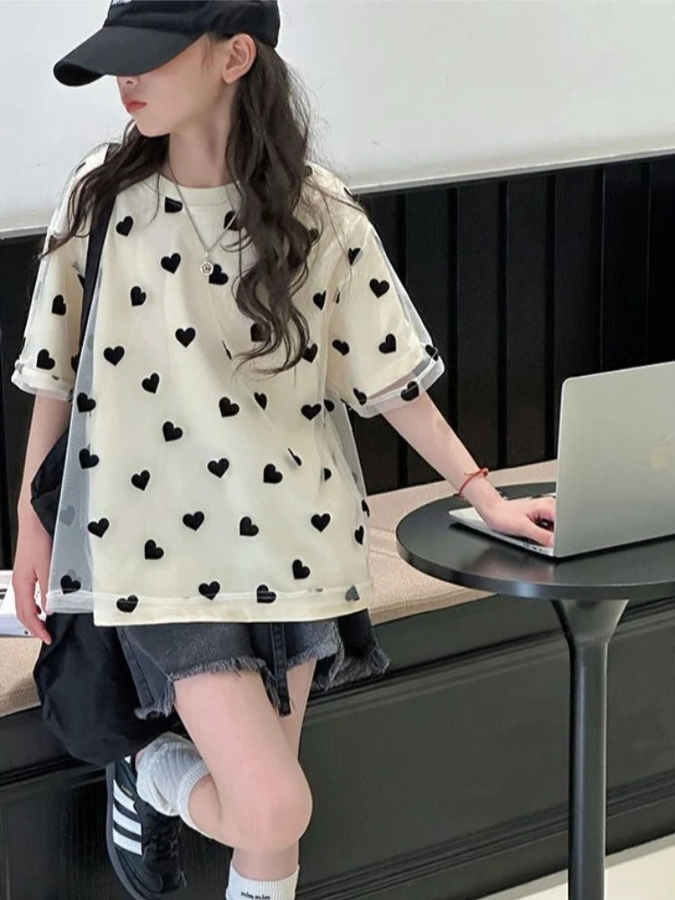 Girls Kids Double Layer Mesh T-Shirt Short Sleeve Loose Summer Blouse Casual Top for Children Breathable Lightweight Tee